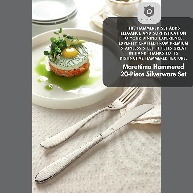 Hammered Silverware Set | Premium 18/10 Stainless Steel Flatware Service for 4 | Heavy-Duty & Dishwasher Safe | Built to Last (20-Piece, Marettimo Hammered)
