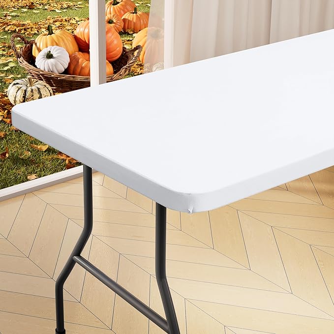 homing Rectangle Table Cloth Cover, Waterproof Polyester Elastic Fitted Tablecloth, Fits for 8 Foot Folding Tables, Washable Table Protector for Picnic, Camping, Outdoor (White, 30" x 96")