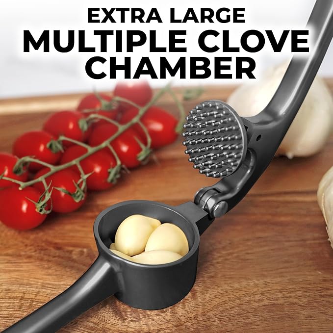 Zulay Kitchen Large Premium Garlic Press Set - Bigger Bowl for Bigger Garlic - Rust Proof & Dishwasher Safe Garlic Mincer Tool - Easy-Squeeze, Easy-Clean Silicone Garlic Peeler & Brush (Dark Gray)