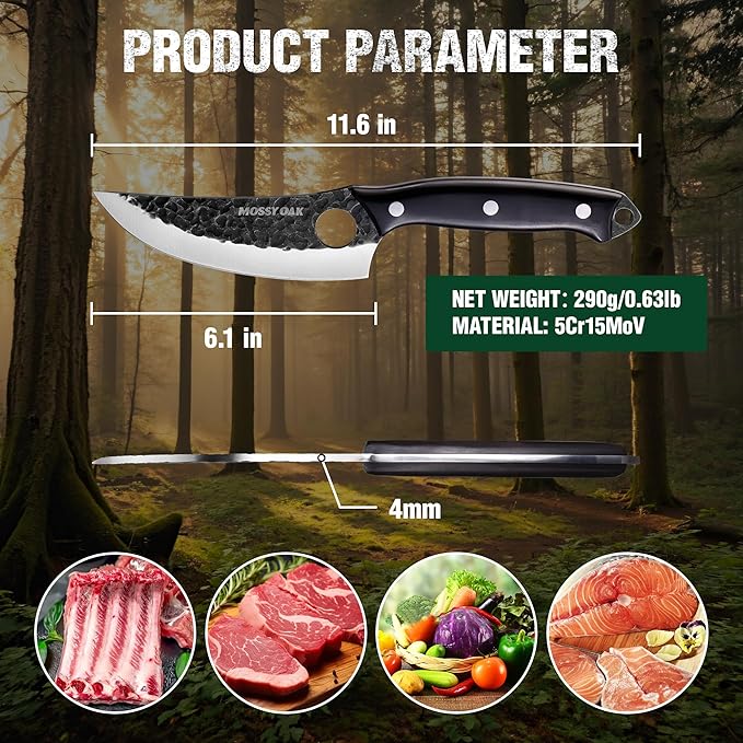 Mossy Oak Chef Knife, Kitchen Knife for Boning, Cutting, and Chopping, Hand Forged Boning Knife Full Tang Handle with Genuine Leather Sheath, Meat Cleaver Knife for Outdoor Cooking, Camping
