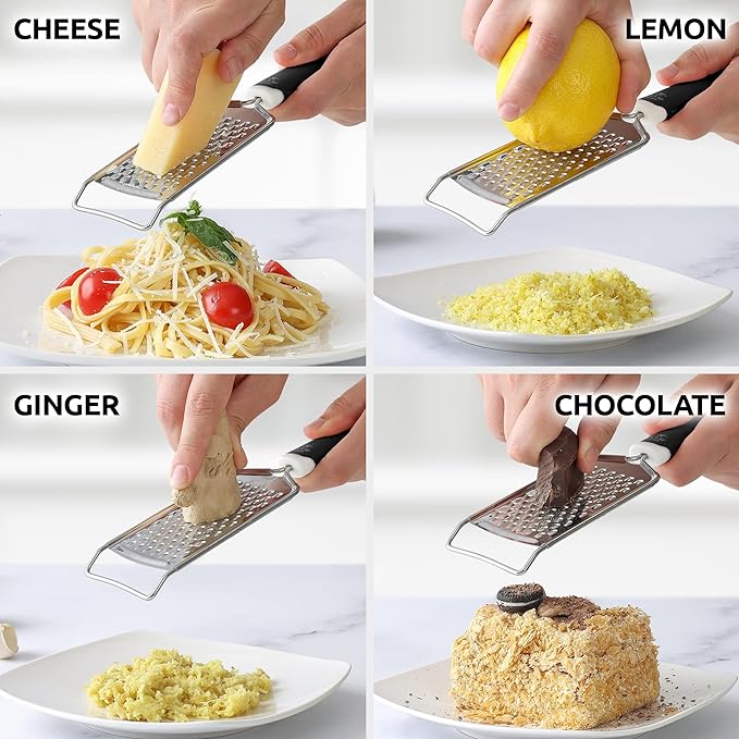 Zulay Kitchen Professional Cheese Grater Stainless Steel - Durable Rust-Proof Metal Lemon Zester Grater With Handle - Flat Handheld Grater For Cheese, Chocolate, Spices, And More - Black