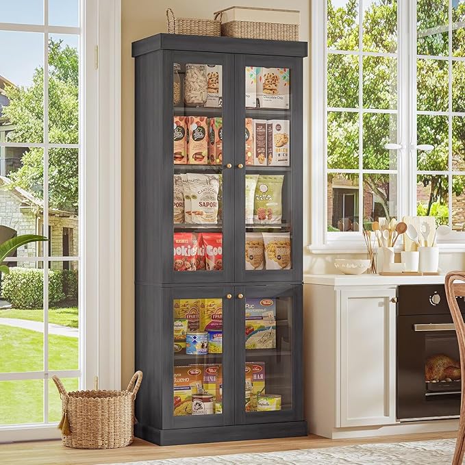 70.8" Tall Black Bookshelf with Glass Doors, Farmhouse Modular Bookcase with 6-Tier Adjustable Shelves, Large Storage Cabinet for Home Office, Living Room, Set of 2