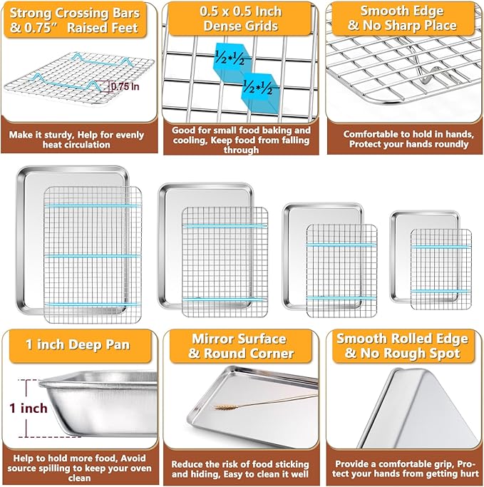 P&P CHEF 16 + 12.5 + 10.4 + 9 Inch Baking Sheet and Rack Set, Stainless Steel Cookie Sheets Oven Baking Pans Trays with Cooling Racks for Cooking & Roasting, Oven & Dishwasher Safe, (8Pcs)