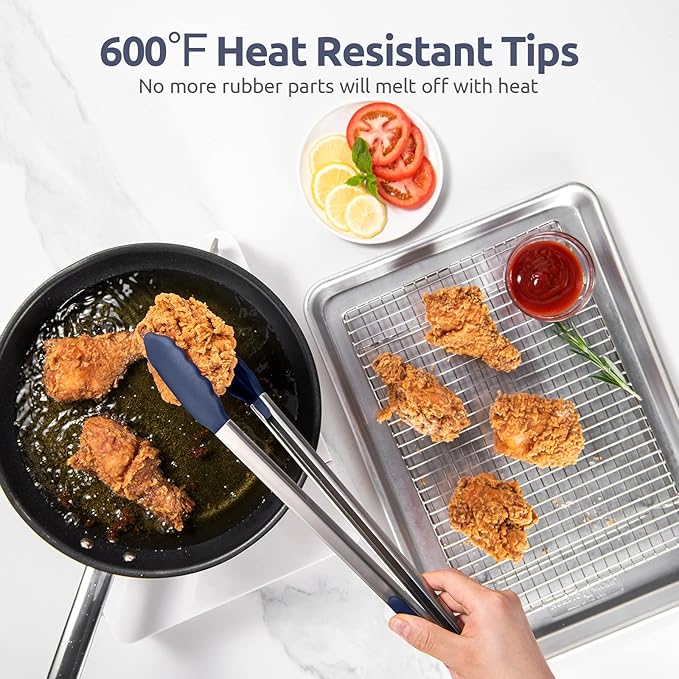 600ºF Heat Resistant Kitchen Tongs: U-Taste 16 in Extra Long Large Silicone Cooking Tong with Non Stick Rubber Tips & Non Slip Silicon Coated 18/8 Stainless Steel Handle for Grill BBQ (Midnight Blue)