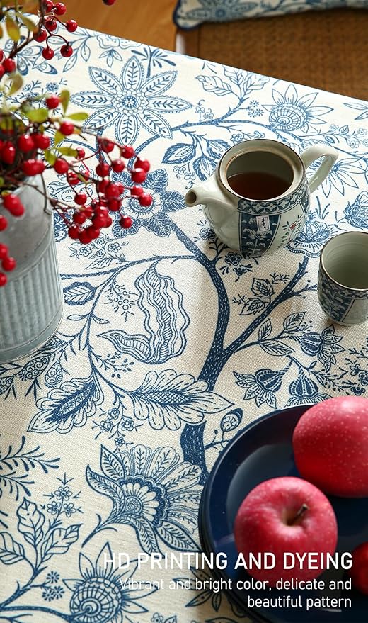 ISAENNE Designer French Linen Table Cloth for Rectangle Table,Blue Floral Washable Indoor Tablecloth,Durable Home Decor Tablecloths for Dining Thanksgiving Kitchen Party Christmas,55"*79"-Ruyi B