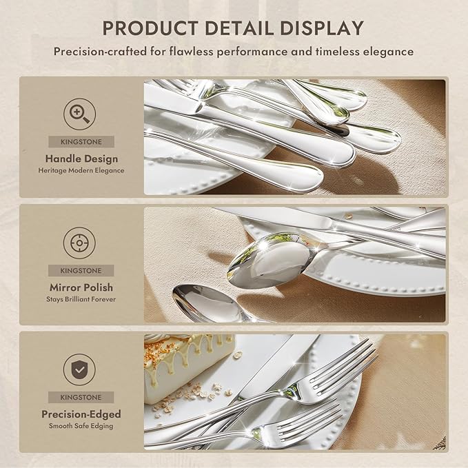 KINGSTONE 40 Piece Teardrop Silverware Set for 8, 18/10 Stainless Steel Flatware Set, Modern Design Cutlery Set for Home/Hotel/Wedding,Mirror Polished and Dishwasher Safe