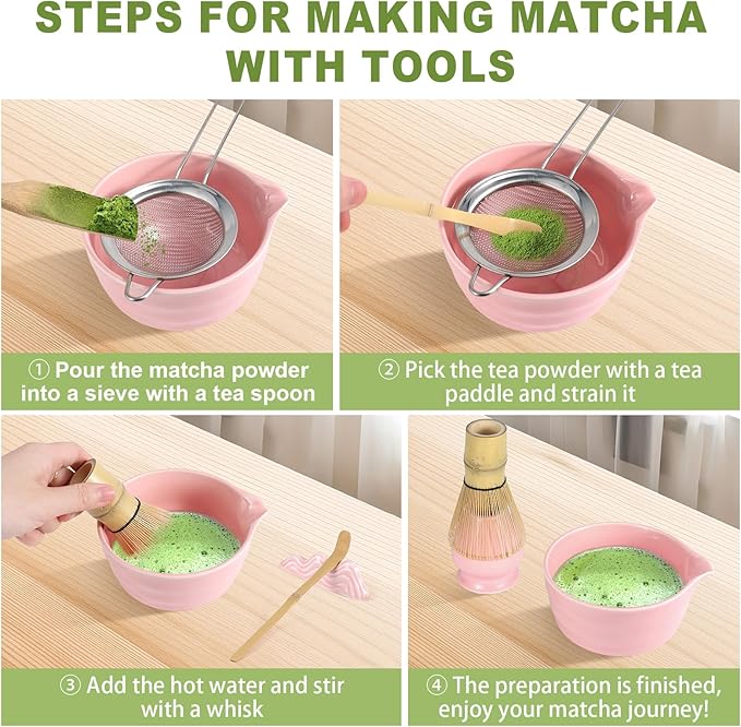 Matcha Whisk Set with Bowl (Chawan),8-Piece Bamboo Matcha Tea Set with Chasen, Whisk Holder, Chashaku Scoop & Holder, Stainless Sifter, Bamboo Spoon, Tea Towel,Gift for Matcha Latte & Tea Ceremony