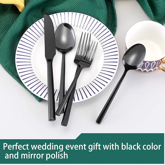 Hand Forged Stainless Steel Flatware Set Silverware Set Cutlery Set Hexagon Handle Black Mirror Finished 20 Pieces Service for 4