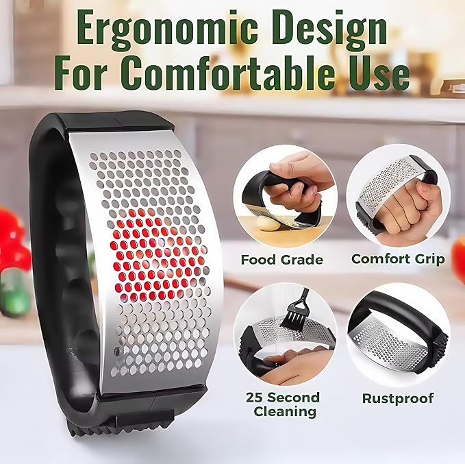 Kitchen Premium Garlic Press Set - Rust Proof & Dishwasher Safe Professional Garlic Mincer Tool - Easy-Squeeze, Easy-Clean with Soft, Ergonomic Handle - Silicone Garlic Peeler(black)