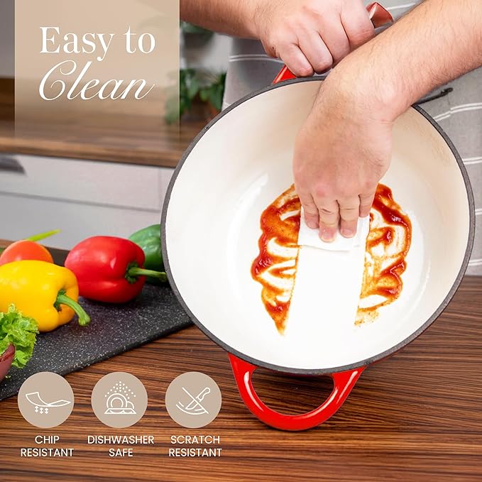 Nuovva Enamelled Cast Iron Dutch Oven Pot with Lid – 6.4 Quart Non Stick Casserole Pot – Heavy Duty & Oven Safe up to 500° F for Bread Baking, Braising, Stews, Roasting – 28cm Red