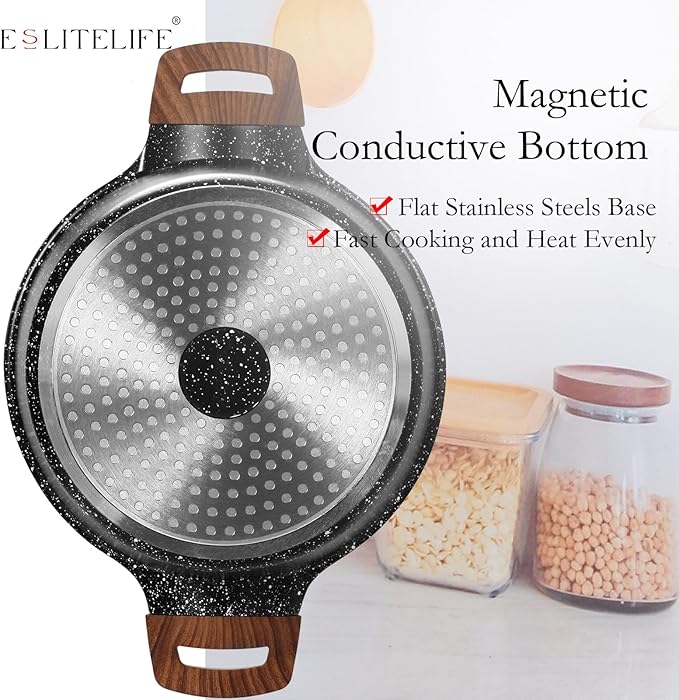 ESLITE LIFE Nonstick Stock Pot with Lid, 7 Quart Granite Casserole Large Soup Pot Pasta Cooking Pot, Induction Compatible, PTFE & PFOA Free, Black
