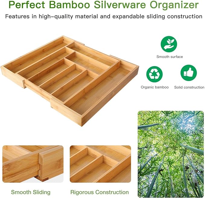 Pipishell Bamboo Silverware Organizer, Expandable Cutlery Tray, Utensil Drawer Organizer in Kitchen for Spoons Forks Knives, Multipurpose Use, Natural, Large