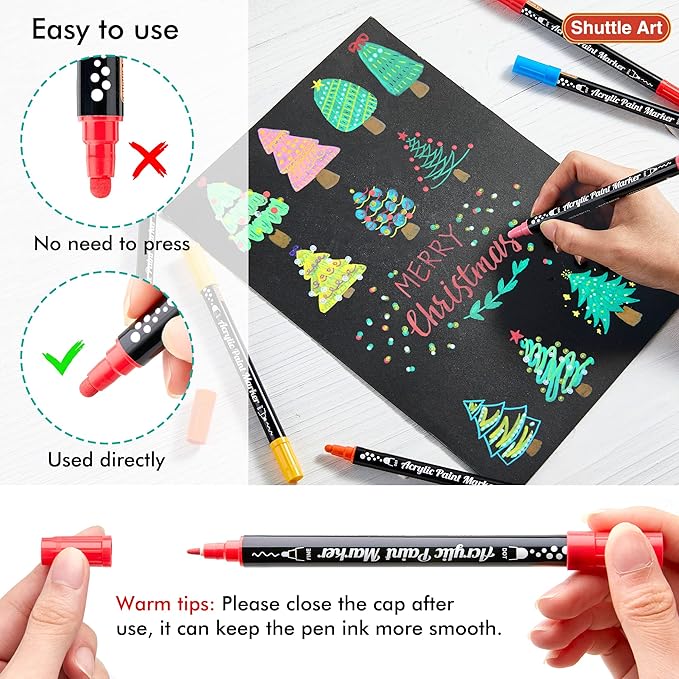 Shuttle Art 36 Colors Dual Tip Acrylic Paint Markers, Dot Tip and Fine Tip Acrylic Paint Pens for Rock Painting, Ceramic, Wood, Canvas, Plastic, Glass, Stone, Calligraphy, Card Making, DIY Crafts