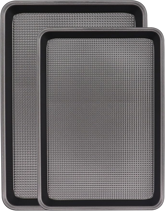 Cookie Sheets for Baking Nonstick, 2 Pack Heavy Duty 0.8mm Dark Gray Sheet Pan Set Quarter(9x13in) & Jelly Roll(10x15in), Diamond Textured Commercial Grade, Small Oven Safe
