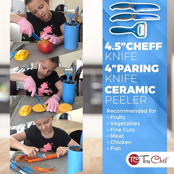 5-Piece Kids Knife Set | Real Stainless Steel Cooking Knives with Peeler, Serrated Blade & Storage Stand | Safe, Easy-Grip Design – Fun Junior Chef Set for Boys & Girls (5 pcs, Blue)