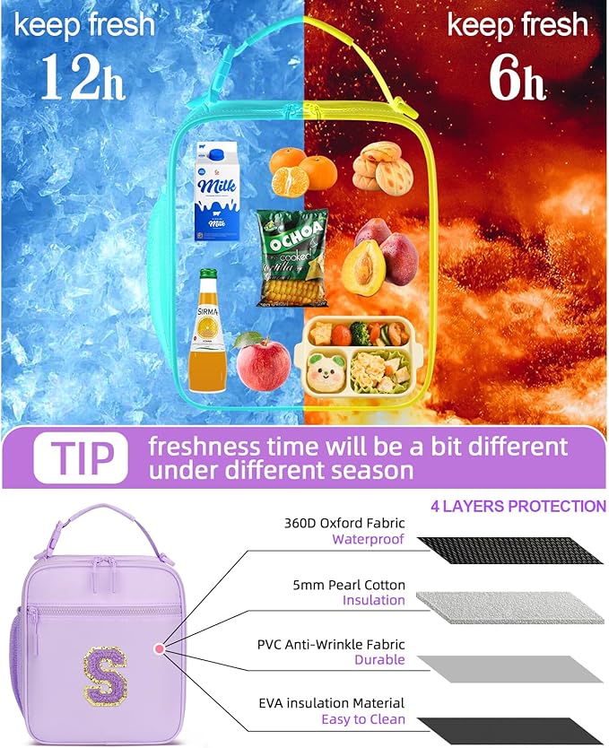 Initial Insulated Lunch Bag for Girls Kids, Back to School Gift, Reusable Leak-proof Lunch Box with Adjustable Strap for School Daycare Travel Picnic (Purple,S)