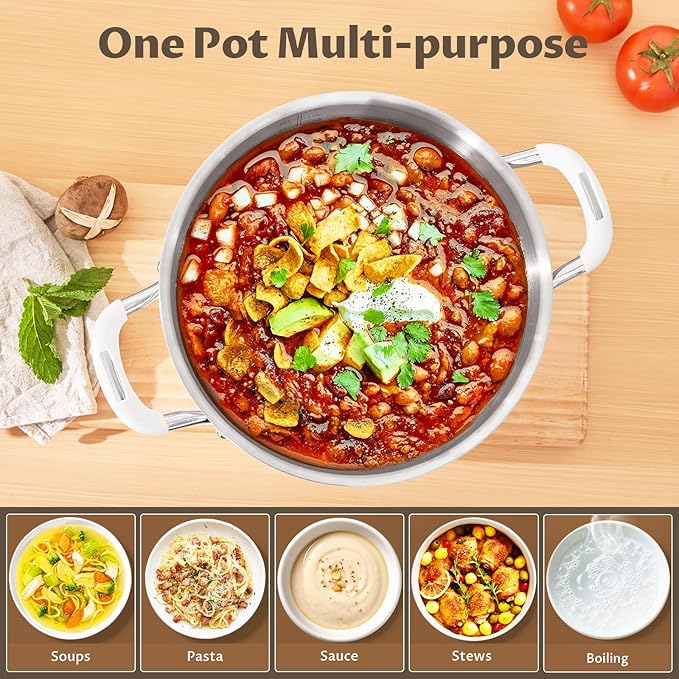 8 Quart Tri-Ply Stainless Steel Stock Pots with Lid, BEZIA Induction Soup Pot with Lid, Large Kitchen Cooking Pots with Silicone Handle, Compatible with All Cooktops, Free of PTFE/PFOA/PFOS