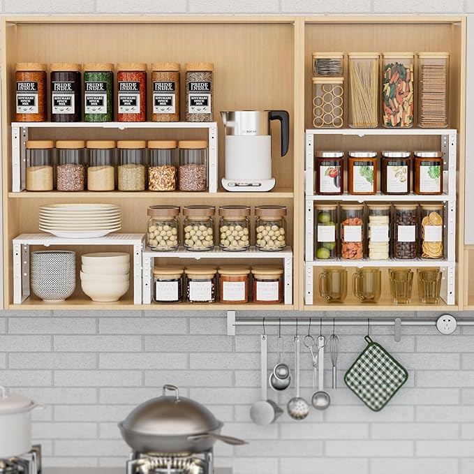 Expandable Spice Rack Kitchen Cabinet Shelf Organizer, Stackable Storage Shelves Racks, Adjustable Counter Shelving for Cabinets, Countertop, Cupboard,Pantry and More(1Pack/White/Large)