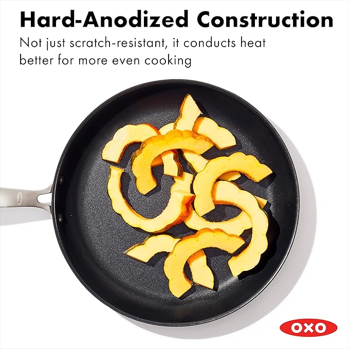 OXO Enhanced 12" Frying Pan Skillet, PFAS-Free Ceramic Nonstick, Durable Hard Anodized Cookware, Scratch Resistant, Stainless Steel Handle, Good Grips, Dishwasher & Oven safe, Black