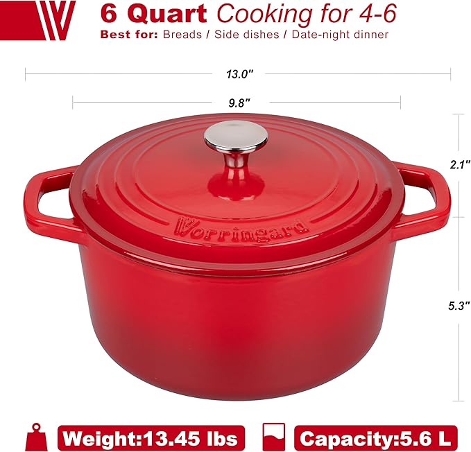 Enameled Cast Iron Dutch Oven Pot with Lid, for Bread Baking, Round Bread Oven- include Sourdough Bread Baking Supplies Set, 6QT, Red