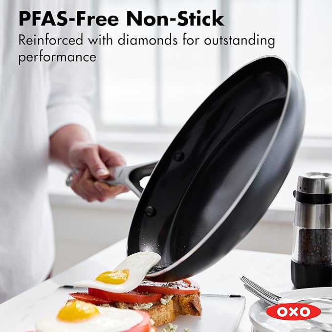 OXO Agility Series 9.5" and 11” Frying Pan Skillet Set, Ceramic Nonstick Cookware PFAS-Free Induction Suitable Quick Even Heating, Stainless Steel Handle, Chip-Free Rims Dishwasher and Oven Safe Black