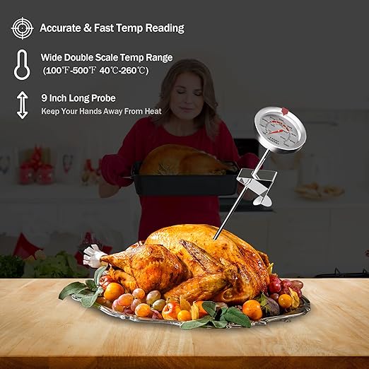 Candy Thermometer and Deep Fry Thermometer with 2 Inch Large Dial, 9 Inch Stainless Steel Probe – Temperature Guide for Candy Making, Frying, Confectionery, Dessert, Chocolate, Jam, and BBQ