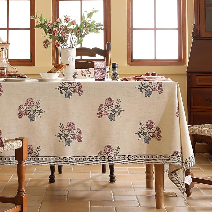 ISAENNE Designer Linen Light Beige Extra Long Table Cloth Rectangle,French Colorful Floral Tablecloth,Stain Resistant Decor Tablecloths for Dining Thanksgiving Kitchen,63"*110"-Helena E