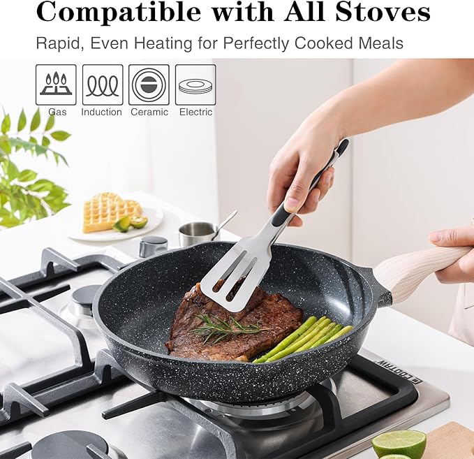 Kordisen Frying Pans Nonstick with Lid, 12.5 Inch Large Skillet with Lid, Induction Cooking Pan, Stay-Cool Handle, Compatible with All Stovetops, PFOA Free