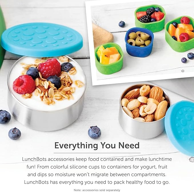 LunchBots Medium Trio II Snack Container - Divided Stainless Steel Food Container - Three Sections for Snacks On the Go - Eco-Friendly, Dishwasher Safe, BPA-Free - Stainless Lid - Pink Dots
