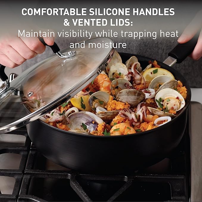 T-Fal Ultimate Hard Anodized Nonstick Cookware Set 17 Piece, Nonstick Pots and Pans Set with Fry Pan, Saucepans, Saute-Pan, Griddle, Dishwasher Safe, Black