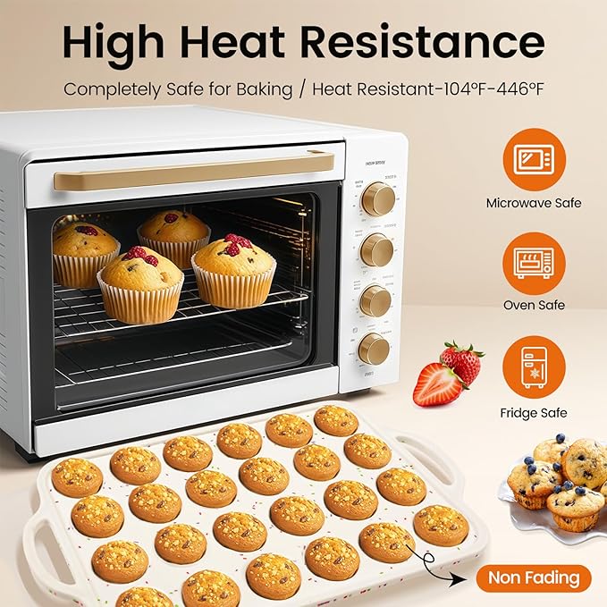 Silicone Mini Muffin Pan With Metal Reinforced Frame - 24 Cups Durable Silicone Cupcake Pan for Muffin, Cupcakes, BPA Free and Dishwasher Safe - 1 Piece Beige with Rainbow Spots