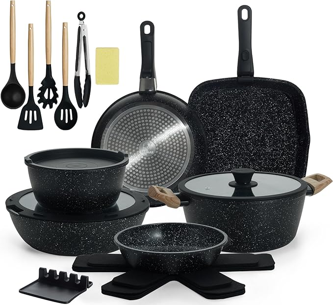 23pcs Ceramic Pots and Pans Set, Nonstick Detachable Handle Cookware, Induction Kitchen Cooking Set with Removable Handle,include Frying Pans & Saucepans Oven Safe (Black)