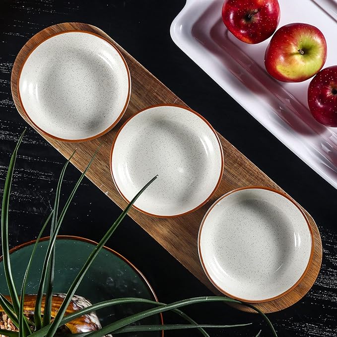Artena 6oz Turquoise Solid Ceramic Chips and Dip Serving Platter with Acacia Wooden Tray, 4.5inch Glazing Small Serving Bowls/Dipping Dishes for Condiments,Side Dishes, Dipping, Pre, Dessert, Salsa