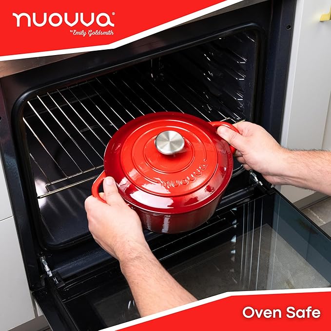 Cast Iron Dutch Oven with Lid – Non-Stick Ovenproof Enamelled Casserole Pot – Sturdy Dutch Oven Cookware – Red, 3.1-Quart, 22cm – by Nuovva