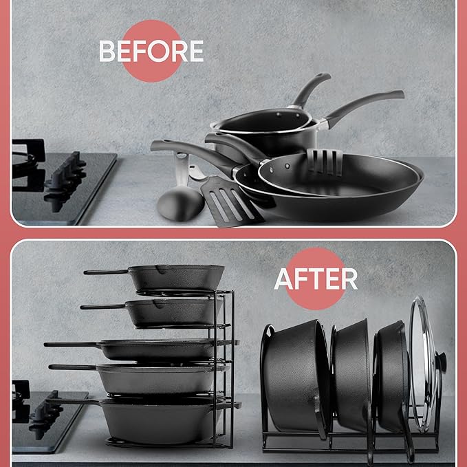 Heavy-Duty Pots and Pans Organizer | 5-Tier Cookware & Lid Storage Rack | Free-Standing or Wall-Mount | Kitchen Organizer for Cast Iron Skillets, Pots, Frying Pans, Lids | Black