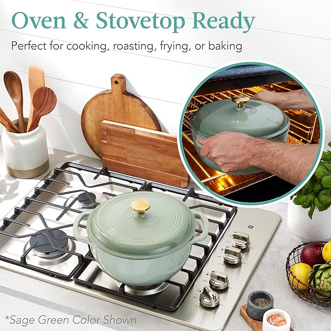 Best Choice Products 6 Quart Enamel Cast-Iron Round Dutch Oven, Family Style Heavy-Duty Pre-Seasoned Cookware for Home, Kitchen, Dining Room, Oven Safe w/Lid, Dual Handles - Vanilla Buttercream