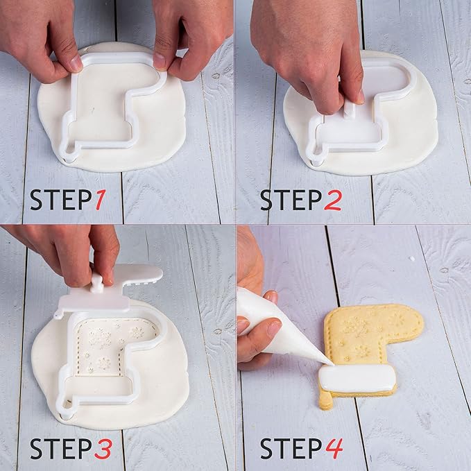 Flycalf Christmas Cookie Cutters Set of 6 with Stamper Stencil 3D Cake Decorating Pastry Kitchen Mold Supplies Holiday Birthday Party Biscuit Fondant Tools