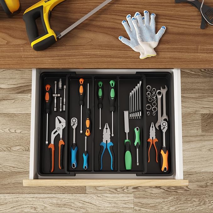 Lifewit Cooking Utensil Drawer Organizer, Expandable from 11 to 18 inches, Adjustable Cutlery Silverware Tray, Plastic Flatware Spatula Holder, Kitchen Tools Gadgets Storage Divider, Black