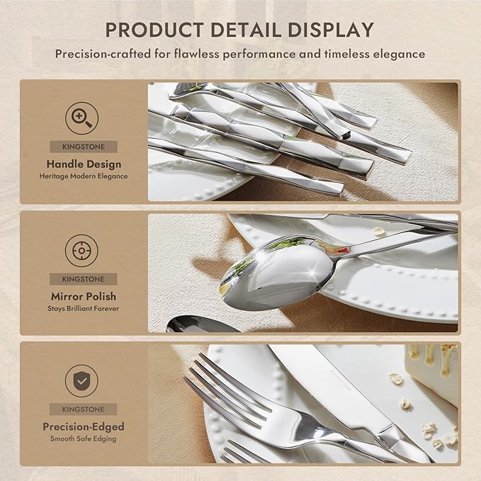 KINGSTONE Silverware Set, Luxury 30 Piece Flatware Set for 6, 18/10 Stainless Steel Cutlery Set with Diamond Cut Pattern for Kitchen, Home, Wedding, Party, Mirror Polished and Dishwasher Safe