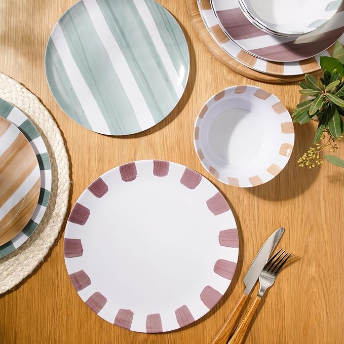 Gibson Home Cottage Stripes 12 Piece Unbreakable Melamine Plates and Bowls Dinnerware Set - Outdoor, Camping, & Everyday Use - Assorted Colors