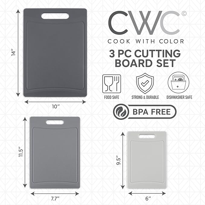 COOK WITH COLOR Non-Slip Cutting Board Set – Kitchen Essentials with Easy Grip Handle for Meat, Veggies, and Fruits, 3 Cutting Boards, Gray