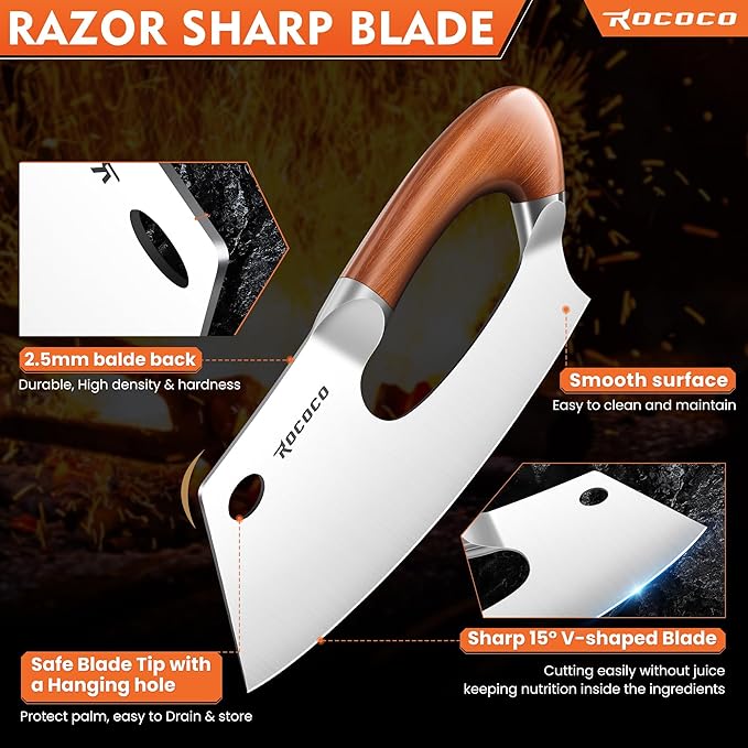 ROCOCO Meat Cleaver Knife Unique Effort Saving Kitchen Knife Professional Stainless Steel Chef Cooking Knives for Cutting Meat Vegetable Father Mother Christmas Gift Bronze