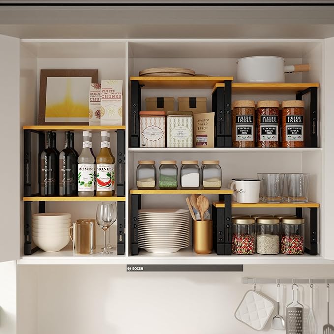 Adjustable Storage Shelves for Kitchen Cabinet Organization - Set of 2 Stackable Metal & Solid Wood Racks, Space-Saving Design for Countertop/Pantry/Garage, Easy Assembly(2 Packs/Medium/Black)