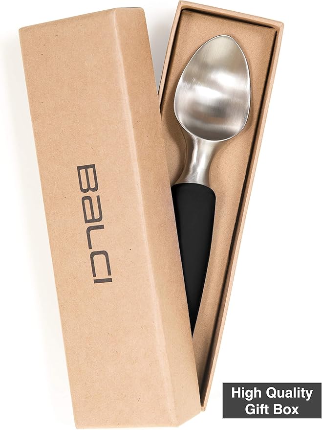 BALCI Ice Cream Scoop - Heavy Duty Stainless Steel Icecream Scooper With Non-Slip Rubber Grip - Professional Metal Ice-Cream Spade - Dishwasher Safe – Black
