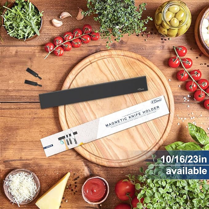 Dmore magnetic knife holder for wall—with 2 hooks, No Drilling 10 Inch black knife magnetic strip, Powerful knife magnet rack, include Adhesive Tape and screws for Knives, Utensils, and Tools