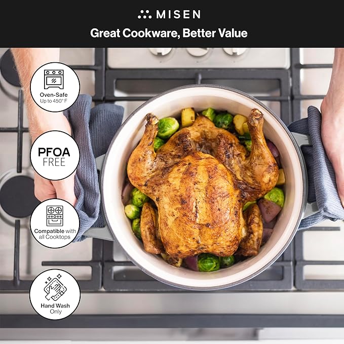 Misen 7 QT Enameled Cast Iron Dutch Oven - Chip-Resistant Enamel Coating - Thick Iron Core For Heat Retention - Large Cooking Surface - Oven Safe, Induction Compatible - Grill and Silicone Lid, Gray