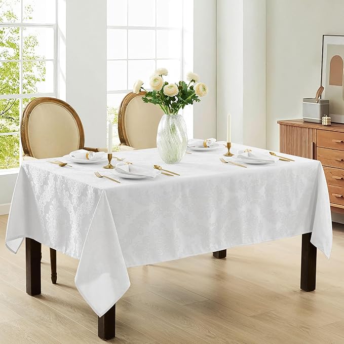 Newbridge Barcelona Luxury Damask Fabric Tablecloth, 60” Wide x 144” Rectangle, White, 100% Polyester, No Iron, Soil Resistant Dining Room, Party and Banquet Table Cover