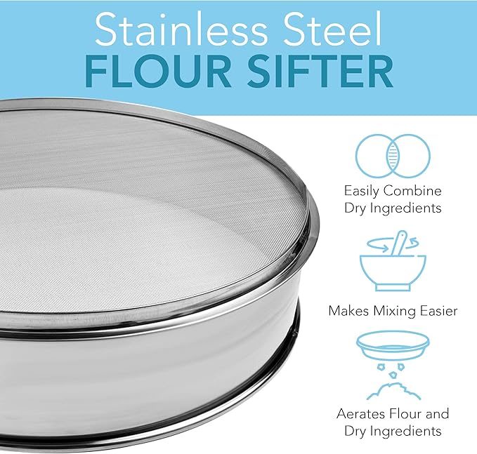 Stainless Steel Flour Sifter Fine Mesh Round Flour Sieve for Baking 14" Diameter x 2.88" High; 20 Mesh (Hole Size 0.85mm)