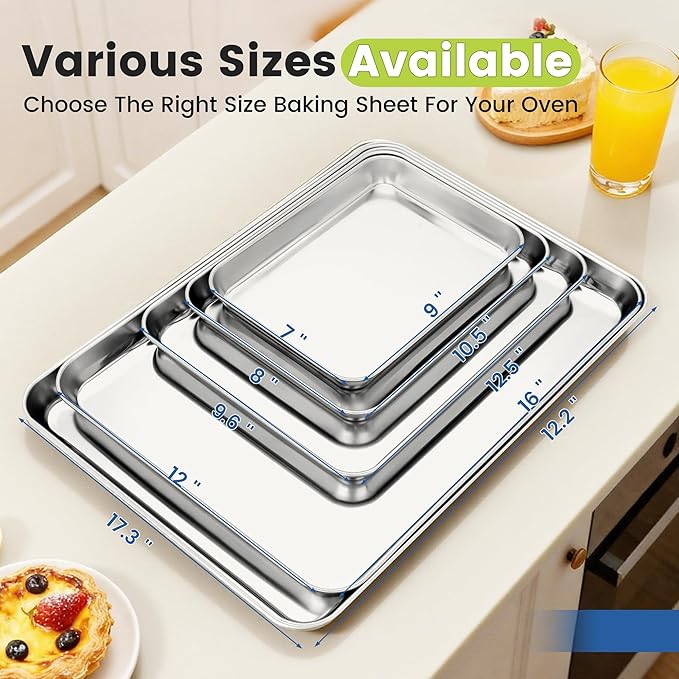 6 Pack Stainless Steel Baking Sheet Pans, 9" L × 7" W × 1" H Cookie Sheets for Toaster Oven, Rust-Resistant, Dishwasher Safe