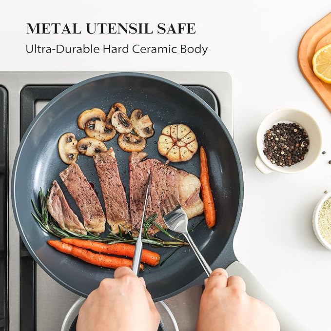 PRICUSIS Nonstick Ceramic Frying Pan with Lid, Non Toxic Skillet, Healthy Egg & Omelet & Chef's Pan, PTFE PFOA & PFAS Free, Induction Compatible (12Inch W/L)
